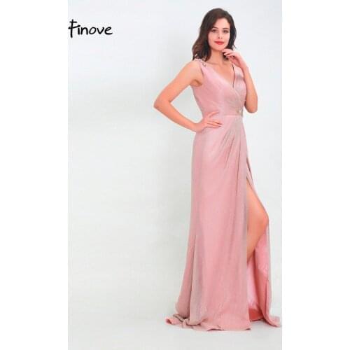 Finove Evening Dress Long 2020 New Sparkly Material Beading Flowers Tank Sexy Side Split Blush Dress Gowns Women Party Dresses