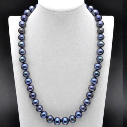 20 inch AAA 9-10 MM SOUTH SEA Tahitian black blue PEARL NECKLACE 925silver GOLD