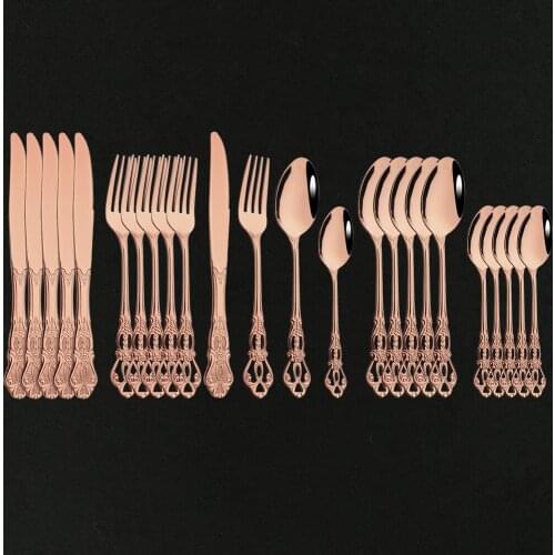 Luxury Mirror 24Pcs Rose Tableware Stainless Steel Cutlery Set Dinnerware Set Wedding Kitchen Knife Fork Spoon Flatware Set