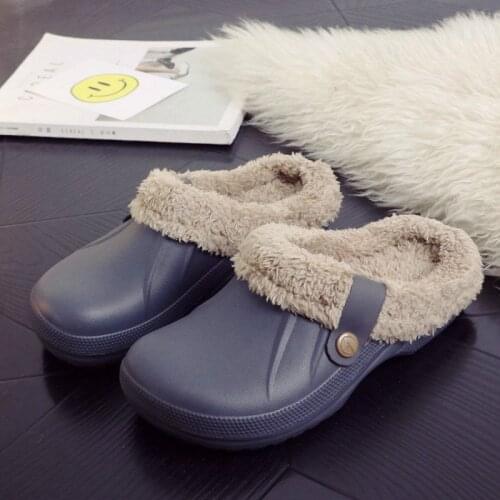 Coslony men Slippers winter PU Leather Warm Fur Slippers house room Slipper Indoor Floor Shoes Winter clogs trend Slippers women