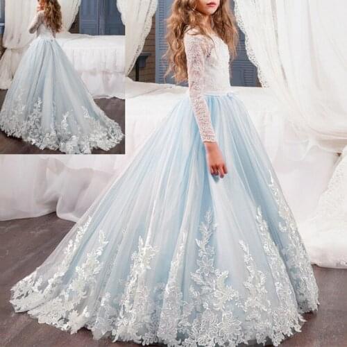 Lace Dress Girl Floral Embroidery Long Dress Wedding Bridesmaid Dresses for Kids Pleated Ball Gown Full Length Princess Dress