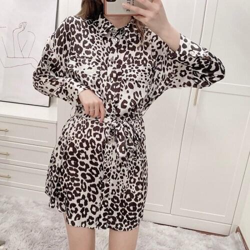Leopard print dress long sleeve lapel mini dress sexy short dress for summer women clothing