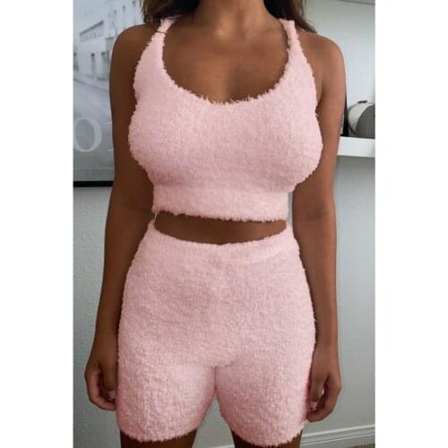 Summer Sexy Casual Sling Suit Solid Color Vest Slim Shorts Plush Home Wear Fashion Simple Conjuntos De Mujer Wn