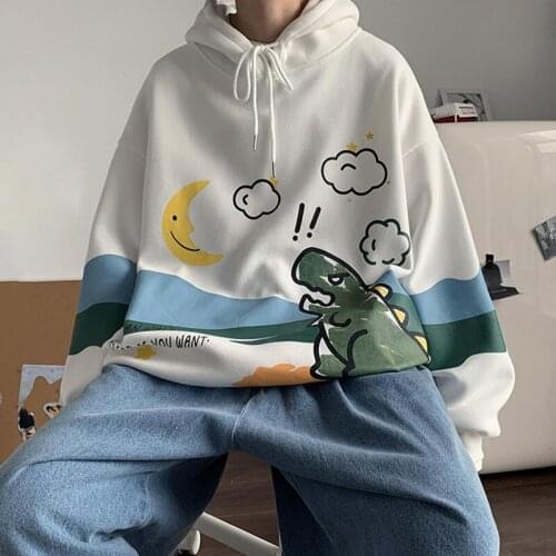 Mens Plus Velvet Thick Cartoon Dinosaur Hooded Sweater Male Loose Student Youth Trend Pullover Autumn and Winter Oversized