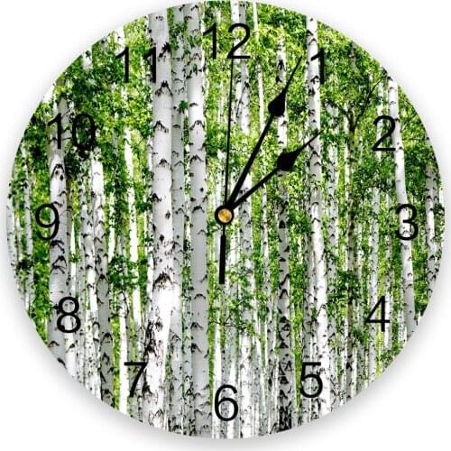 Plant Birch Tree Green Forest Wall Clock Round Style Fashion Modern Design Wall Clock Home Living Room Bedroom Decoration