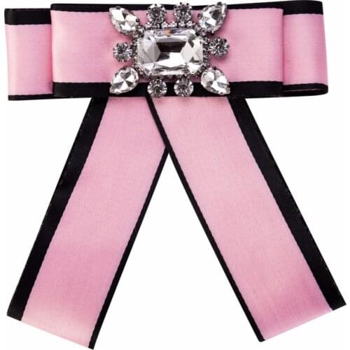 New Woman Brooches Pin Pure Color Ribbon Bowknot Big Rhinestone Elegant Brooch Fashion Bow Tie Jewelry Shirt Dress Accessories