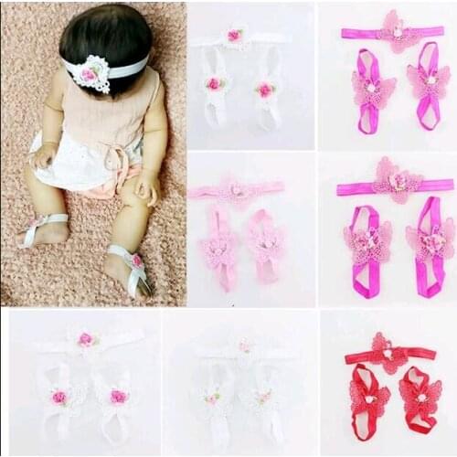 Lovely Newborn Baby Bowknot Headband and Flower Sandal Shoes Set One Hundred Days Baby Photography Accessories Birthday Gifts