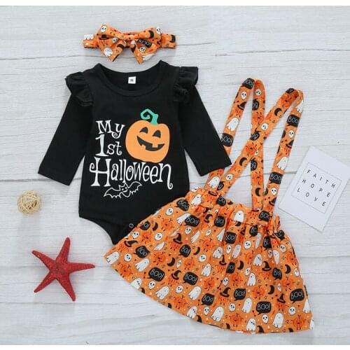 Dress for Girls 3PCS Sets Cotton Pumpkin Print Dresses Bow Headband Baby Girl 1-3 Years Long Sleeve for Spring AutumnA043