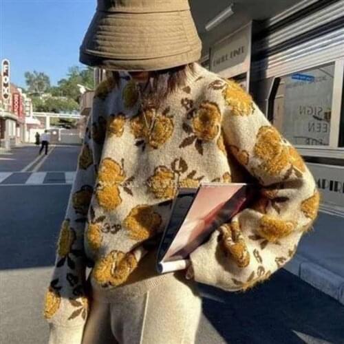 Pull Femme Autumn Winter Sueters Mujer Lazy Retro Oversize Knit Round Neck Jacquard Flower Sweater Women Pullovers Jumpers