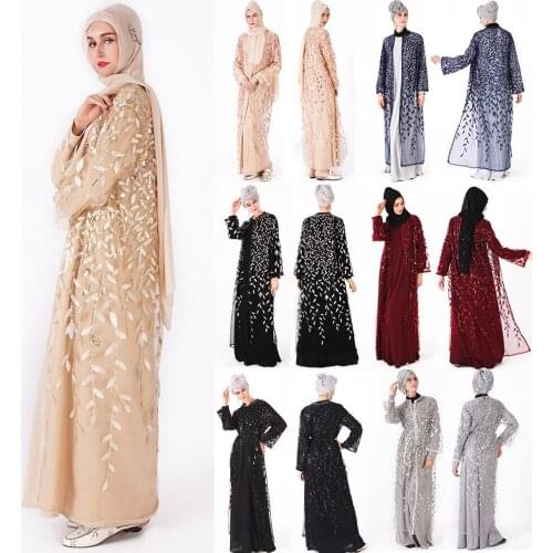 Luxury Sequins Muslim Dress Embroidery Women Islamic Clothing Cardigan Maxi Dress Kimono Open Abaya Robe Kaftan Dubai SL1137