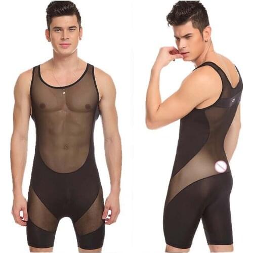 Sexy Lingerie Hot Fashion 2020 Brand JQK Mens Mesh Bodysuit Transparent Swimsuit Ultra-Thin Wrestling Singlet Mens Sexy Bodysuit
