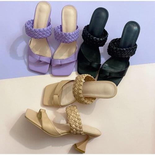 Women Summer Slides Clip Toe Slippers Weave Flip Flops High Heels Square Toe Sandals Slip-On Non-Slip Females Shoes 35-42