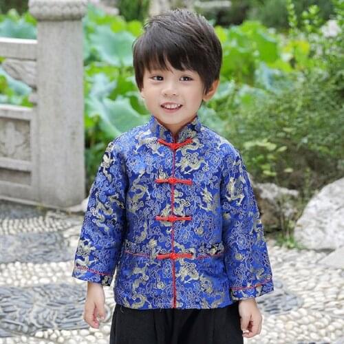 Navy Dragon Baby Boys Coat Chinese Spring Festival Tang Costumes Boy Jacket Clothes Outfits Kids Outerwear Quilted Children Gown