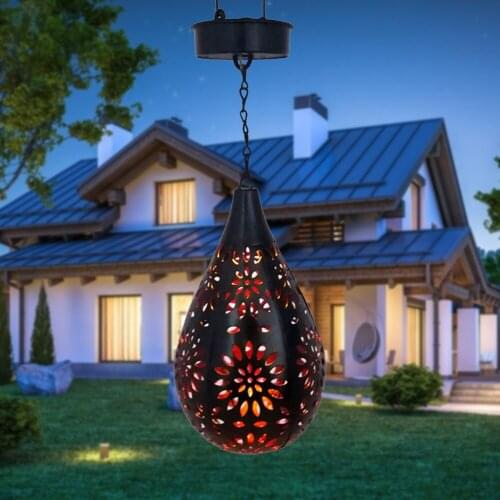 Outdoor Solar Light LED Lantern Garland Waterproof Metal Water Drop Hollow Projection Lamp Hanging Light Yard Garden Decoration