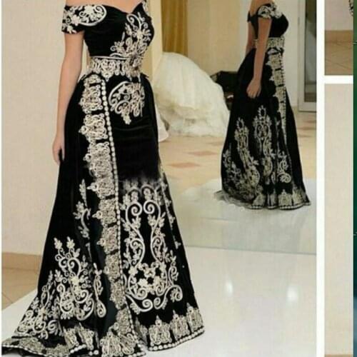 2019 Gorgeous White Appliques Kaftan Black Evening Dresses Floor Length Long Prom Dresses Velour Embroidery Vestido De Festa