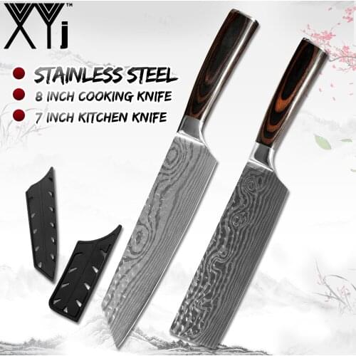 XYj Kitchen Gadget Tool Pattern Blade Stainless Steel 7'' 8'' Kitchen Cooking Knife Sharp Durable Cooking Accessory With Cover