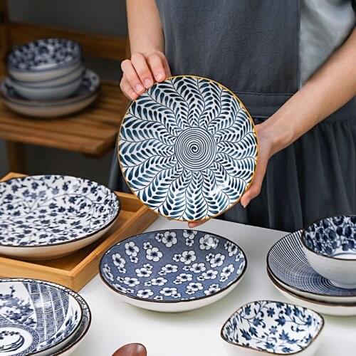 Japanese Retro Dinner Plate Ceramic Printing Round Tableware with Various Patterns Home Restaurant Heating Plates