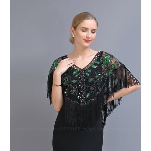 Womens 1920s Mesh Sequin Wedding Cape Evening Shawl Wrap Beaded Cape Fringed Tassel Great Gatsby Party Flapper Dress Accessorie