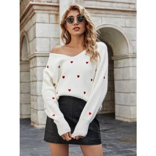Fashion Women Casual Love Heart Knitted Sweaters Spring Autumn Long Sleeve V-Neck Tops Loose Outerwear