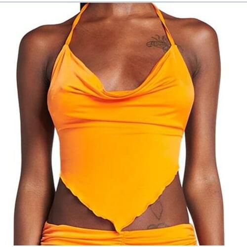 Womens Halter Crop Cami Tops Sleeveless Solid Color/Gradient Print Self Tie Backless Camisole