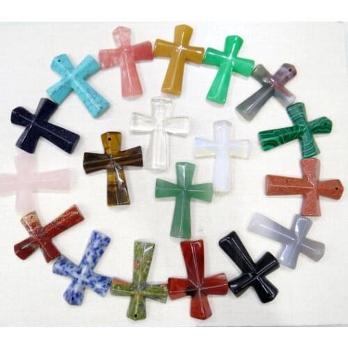 2020 Natural stone mix Quartz Crystal tiger eye Opal Turquoise Cross pendants for diy Jewelry making Necklaces for man woman 6pc