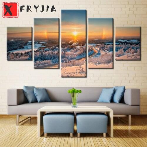 5pcs 2021 round Diamond Painting Nature sunset snow scenery pine trees Full square Rhinestone of Picture Diamond mosaic decor