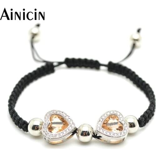 5pcs Champagne Color Double Heart Shape Faceted Glass Charms Fashion Women Handmade Cope Adjustable Bracelets Birthday Gift