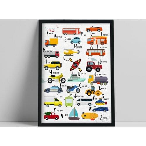 Vehicles Alphabet Poster, Transportation Abc Wall Art, Early Child Educational Learn Prints, Colorful Car Boy Room Home Decor