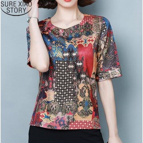Summer Middle-aged Ladies Plus Size Silk Shirt Short Sleeve 4XL Loose Tops O-neck 2020 Vintage Print Blouse Blusas Mujer 9063 50