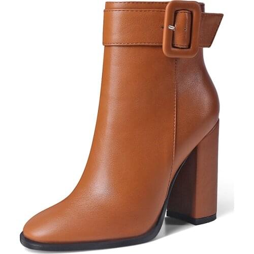 Belt Buckle Round Head Comfortable Casual All-Match Boots Side Zipper Ladies Ultra-High Thick Heel Beige Short Plush Ankle Boots