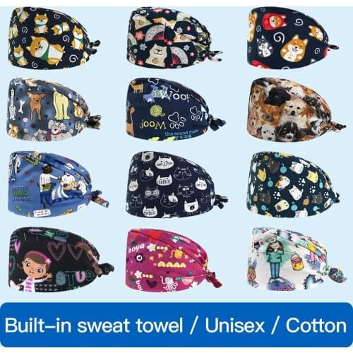 Breathable cute cartoon Floral printing Elastic Scrubs hats pet shop laboratory spa working hat beauty salon unisex Scrubs hats