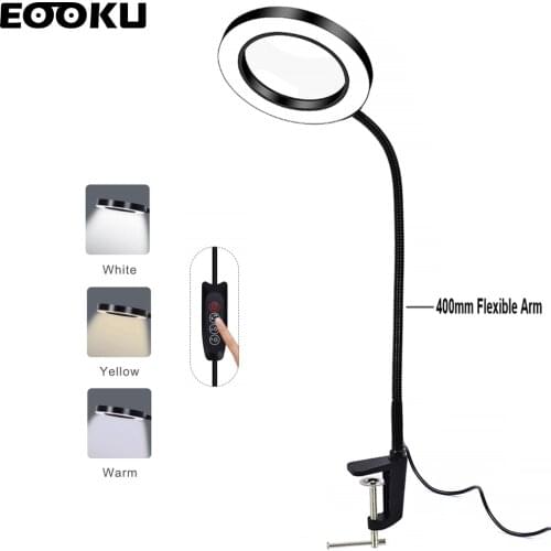 EOOKU Bench Vise USB Table Lamp 3X/5X Magnifying Glass Flexible Desk Light Magnifier LED for Reading Working Lighting