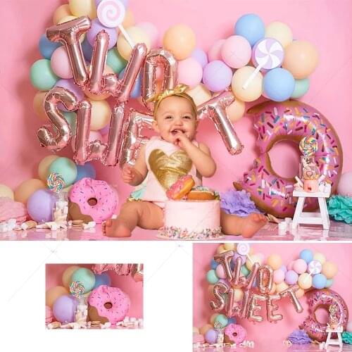 Two Sweet Donuts Photography Background Pink Balloons Lollipop Candy Girl 2nd Birthday Backdrop Poster Baby Shower Photo Studio
