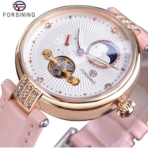 Forsining Fashion Diamond Flower Women Multifunction Watches Genuine Leather Pink Automatic Waterproof Date Mechanical Clock