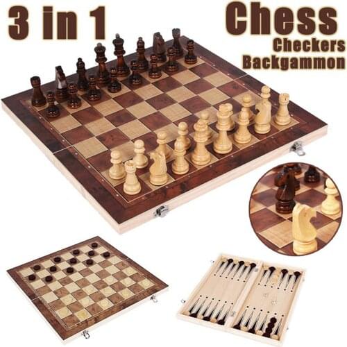 Hot 3 in 1 Wooden International Chess Checkers Set for Storage Adult Kids Beginner Large Chess BoardEntertainment Christmas Gift