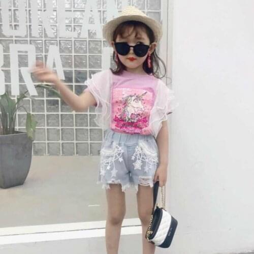 Girls Clothing Set Pearl Lovely Unicorn Toddler Kids Lace T shirt Tops + Tassel cowboy Skirt baby Girls Suit Children Clothes