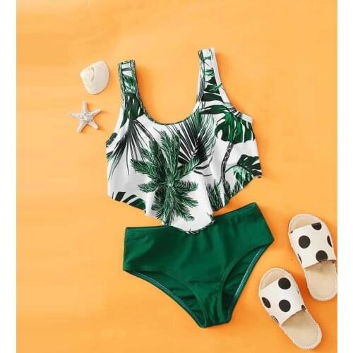 Toddler Kids Girls Swimwear 8-14 Years Old Palm Leave Print Two-piece Bikini Set Swimsuit Swimming Beachwear Beach Bathing Suit