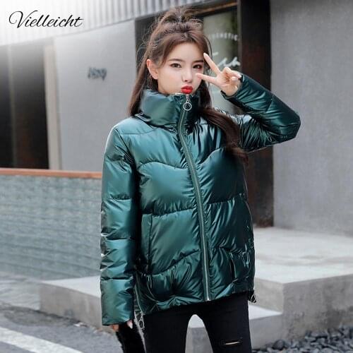 Vielleicht 2020 Autumn Womens Winter Coats Fashion Silver Stand Collar Parkas Winter Jacket Women Pockets Padded Cotton Coat