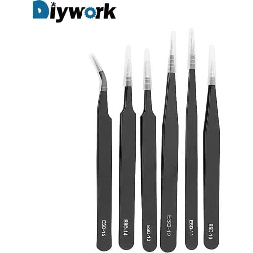 DIYWORK 6Pcs/Set Anti Static Tweezers Set for Watch Jewelry Mobile Phone Electronics Industrial Repair Tweezers Precision
