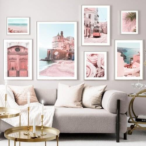 Pink Shell Rose Palm Leaf Bus Wall Art Aegean Landscape Canvas Painting Nordic Posters and Prints Pictures for Living Room Decor