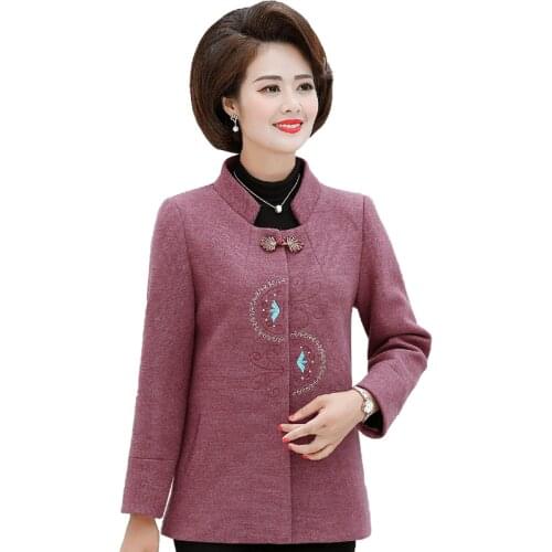 Autumn Winter Womens Woolen Coat 2019 Fashion Plus Size Floral Embroidery Wool & Blends Jacket Middle Aged Wool Outerwear W1459