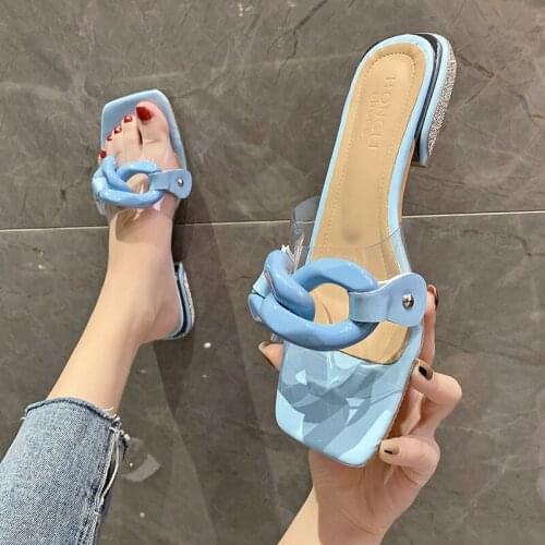 Sexy Open-Toed Ladies Slippers Summer Fashion Flat-Bottom Chain Square Toe Comfortable Casual Shoes For Outer Wear
