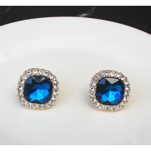 Clip Earrings Zircon Non Piercing Square Rhinestones Oval Round Big Stud Clip On Earrings Simple Blue Jewelry For Women Ladies