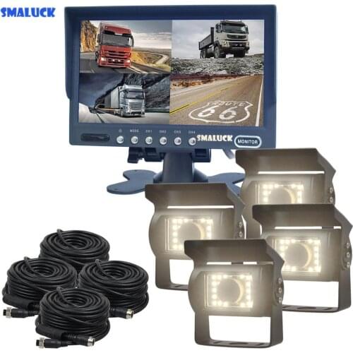 SMALUCK 7" 4 Split QUAD Backup Rear View Car Monitor +Waterproof LED Reversing Rear View Camera for Truck Bus
