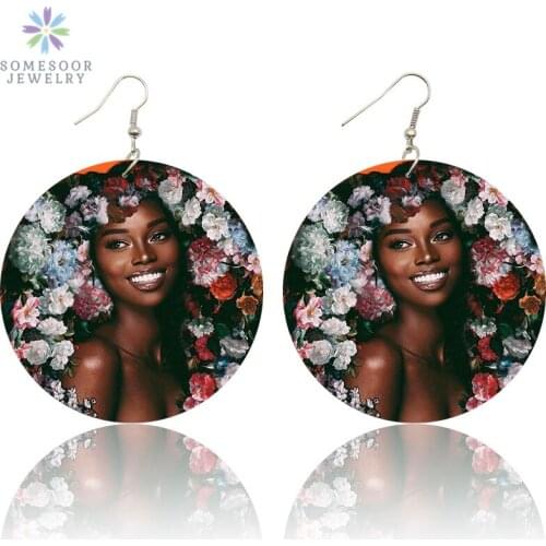 SOMESOOR Painted Flower Beauty African Woman Wood Drop Earrings AFRO Natural Hair Both Sides Printing Black Dangle Jewelry Gifts
