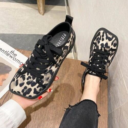 Summer New Flat Square Toe Shoes Dongdaemun Mango Head Leopard Print Ugly Thick-Soled Shoes Ins Casual Canvas Womens Shoes