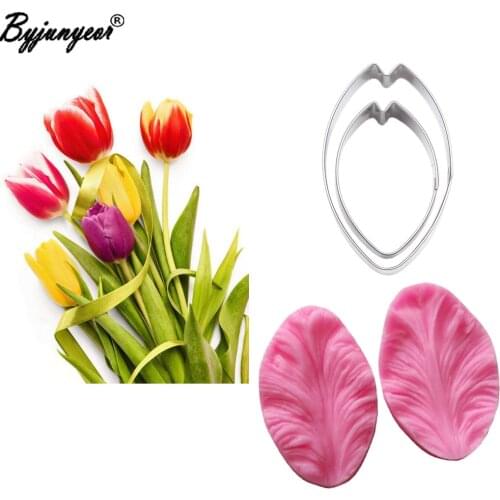 Tulips Cookie Cutter Flower Veiners Silicone Molds Fondant Sugarcraft Gumpaste Resin Clay Water Paper Cake Decorating Tool CS166