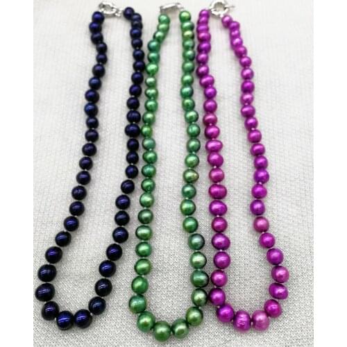 WOW! freshwater pearl white near round purple green blue 8-9mmn ecklace 17inch nature FPPJ wholesale