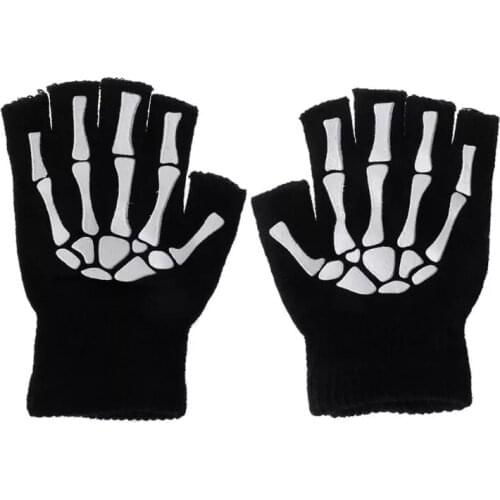 Printing Fluorescent Skeleton Skull Knitted Half Finger Gloves Cool Autumn Winter Black Ridding Knitting Gloves for Children