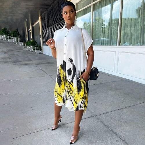 Pattern Print Office Lady Loose Maxi Shirt Women Casual Turn Down Collar Short Sleeve Straight Blouse Summer Buttons Up Shirts